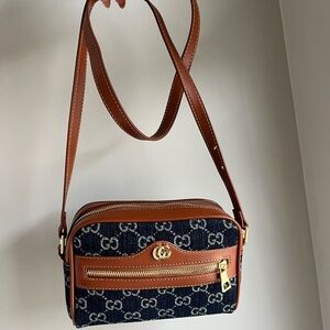 Denim Crossbody with Brown Leather Trim